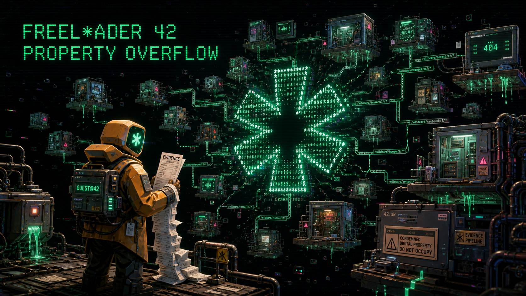 GUEST at Forty-Two facing a fractured wildcard portal among floating digital properties